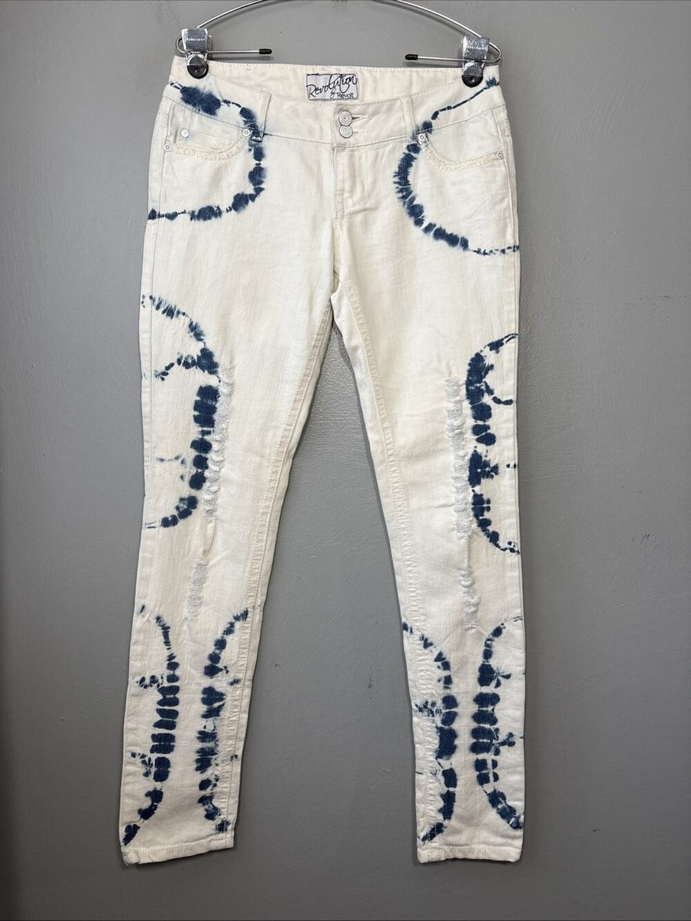 Tie Dye Low Rise Skinny Jeans Juniors Size 5 White Blue Distressed Denim Punk